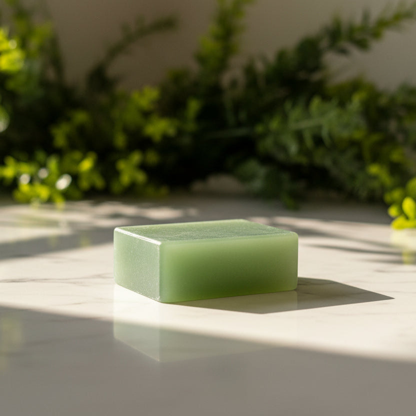Green soap bar on a white tiled surface